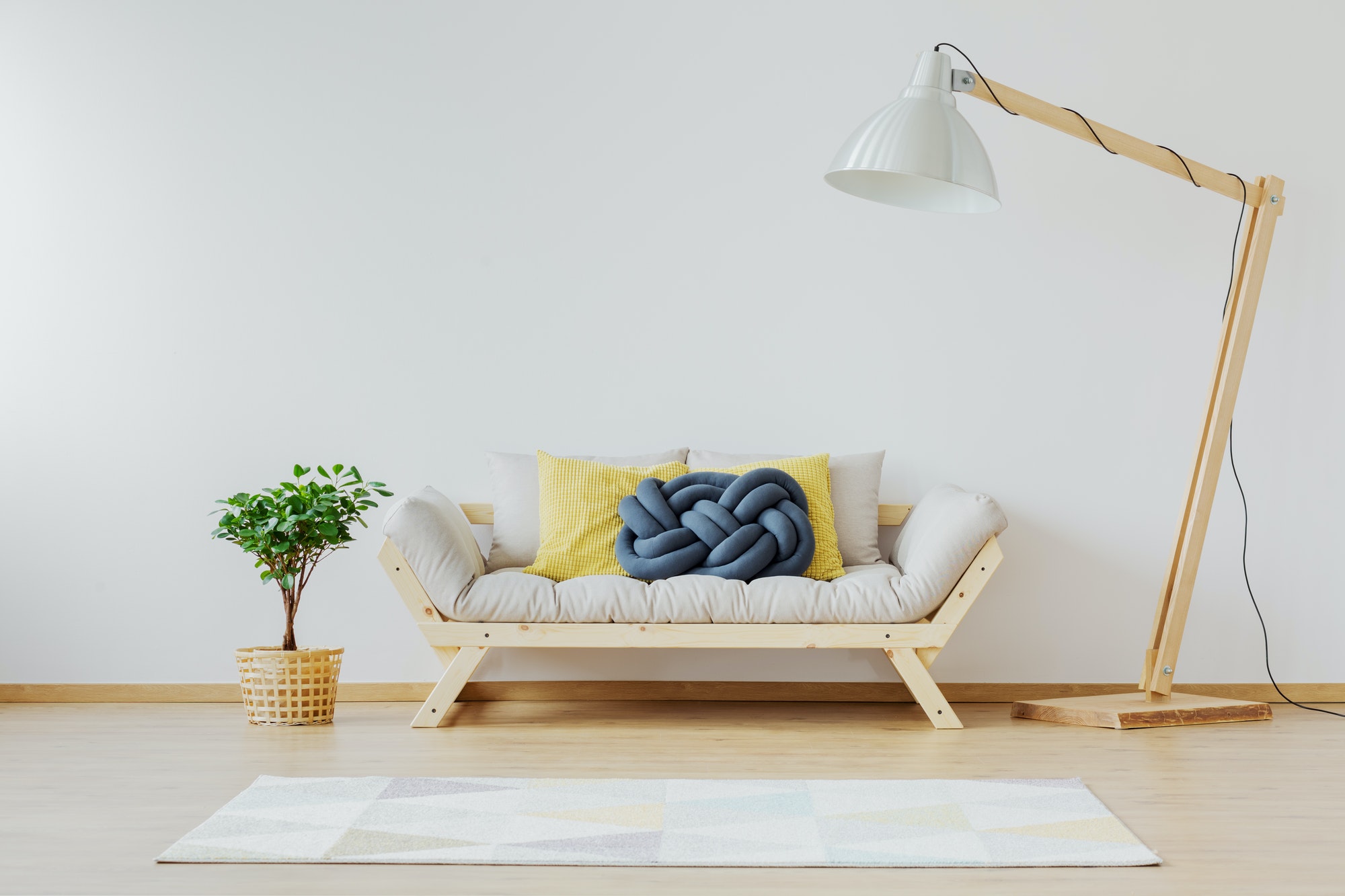 minimalist couch and tall lamp