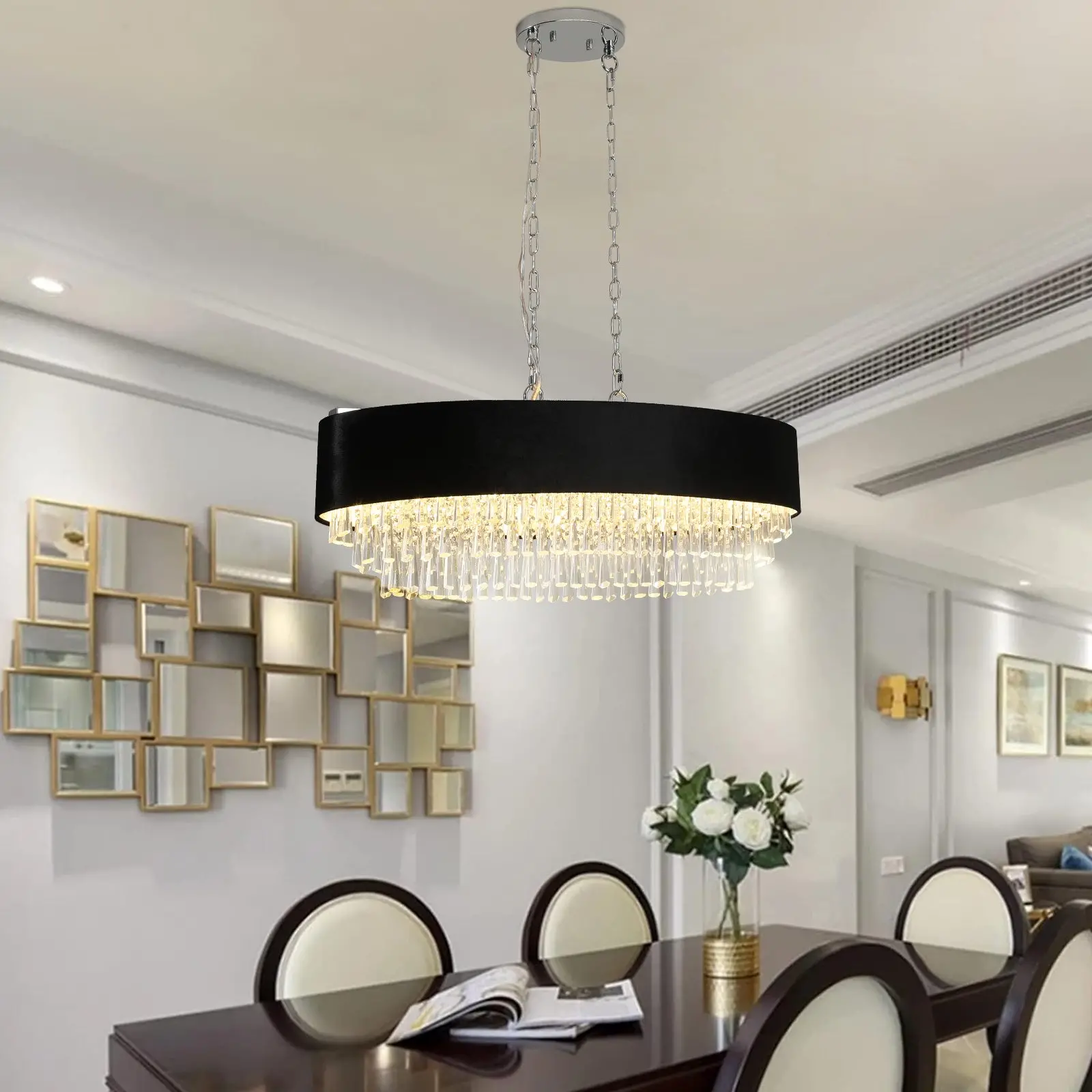 crystal chandelier over dining set