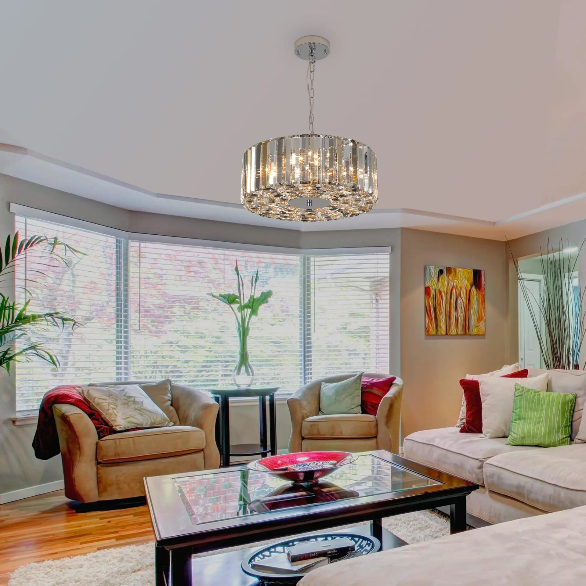 crystal chandelier in living room with sofa set