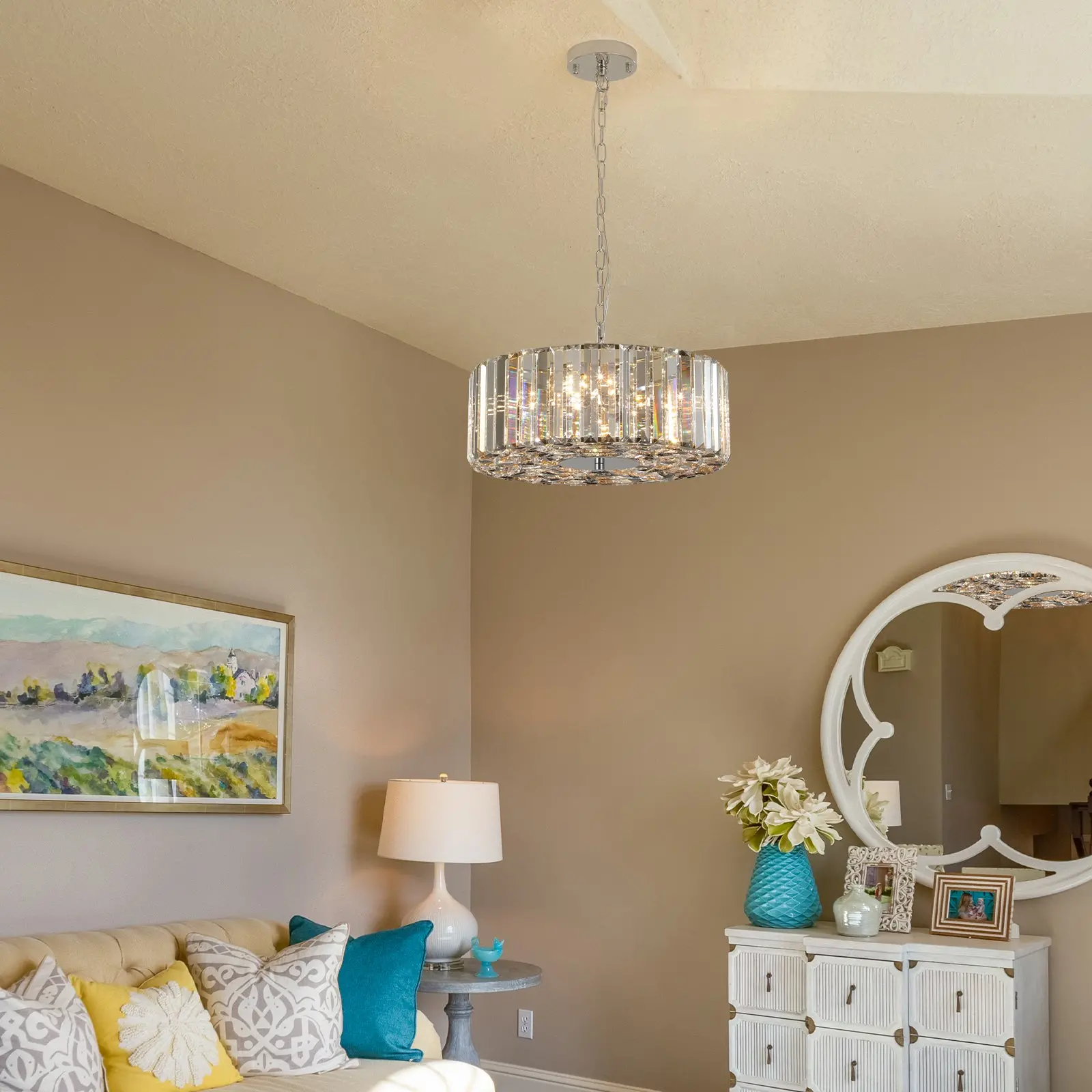 crystal chandelier featured in living room