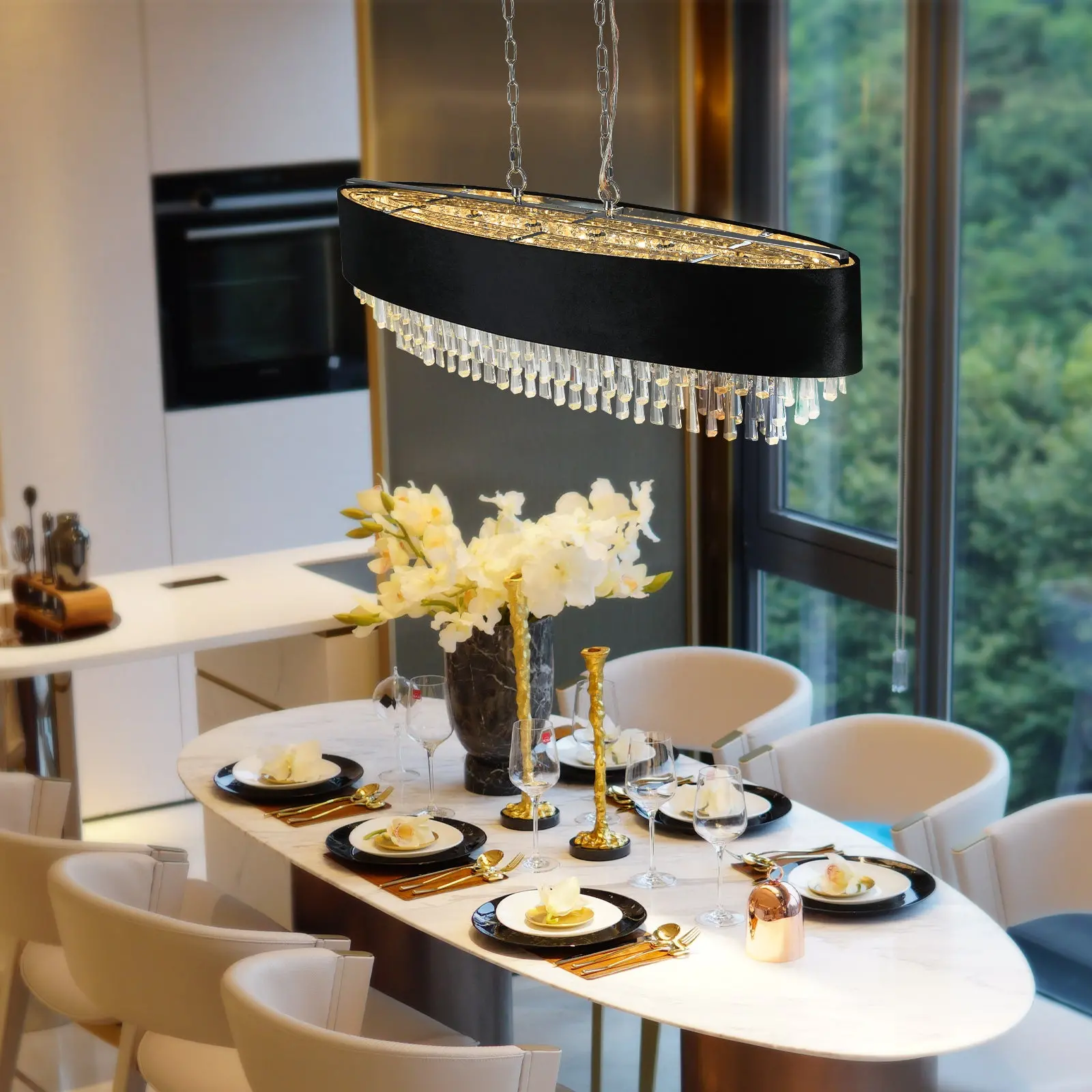 dining set with crystal chandelier